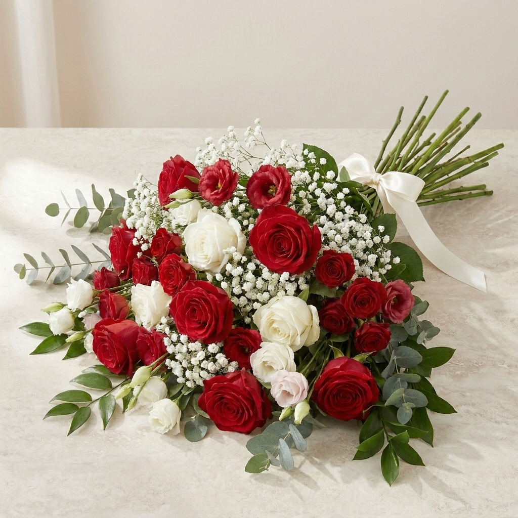 Liggend boeket rood & wit